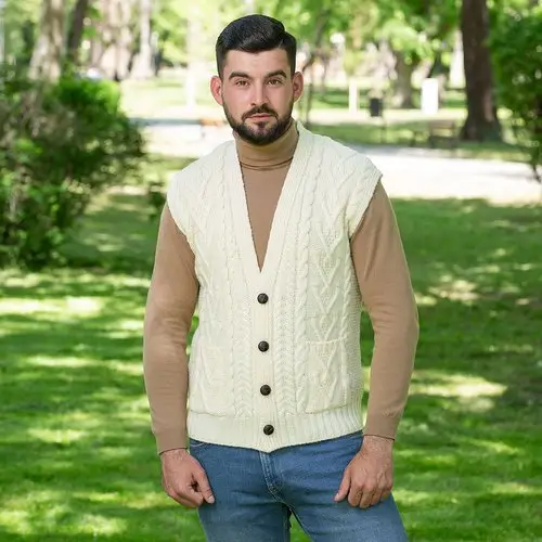 MM207 100 Mens Aran Sleeveless Cardigan Lifestyle 2 SAOL 95490.1744873687